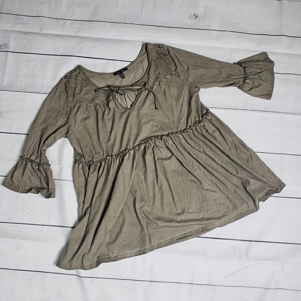 Olivia Sky boho peasant top grey green L